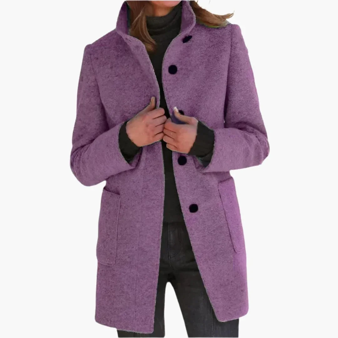 Women's Coat with Stand Collar and Front Pockets