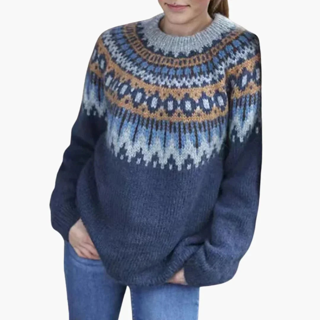 Women's Sweater with Round Neckline and Patterned Yoke