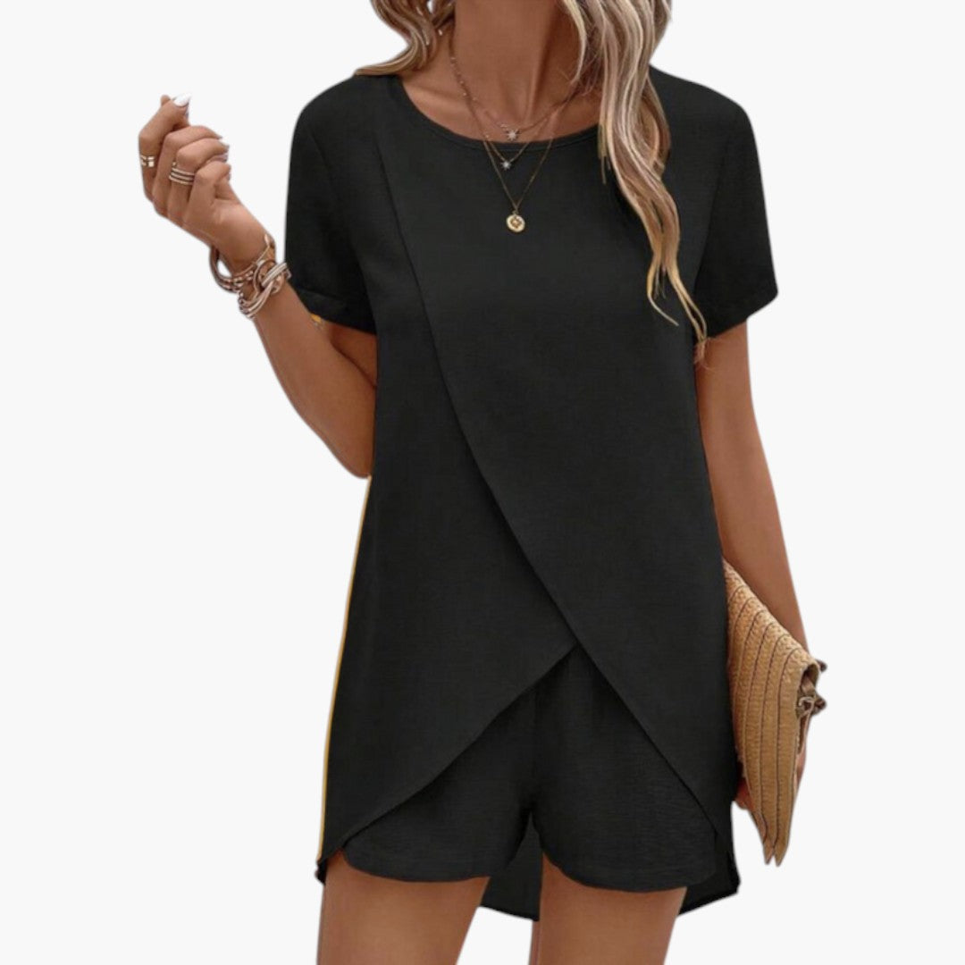 Bavane | Women's Two-Piece Set with Crossed Top and Elastic Waist Shorts