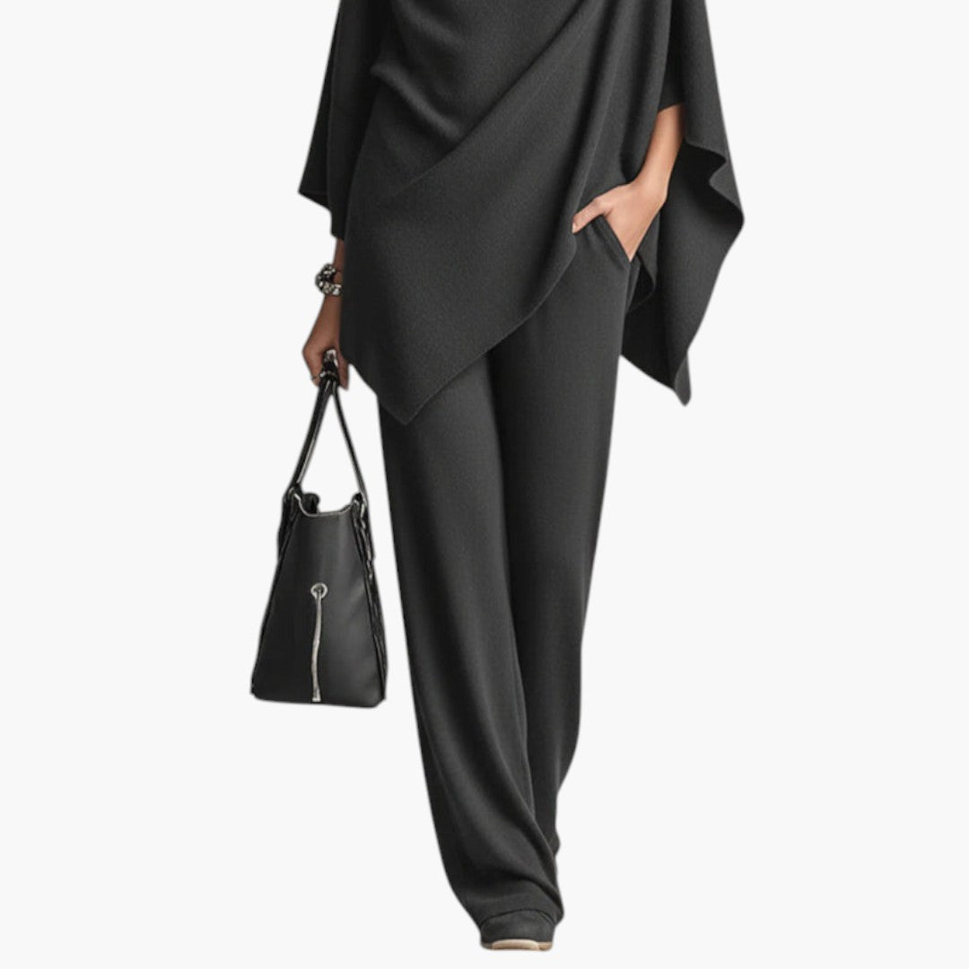 Women's Two-Piece Set with Draped Top and Elastic Waist Pants