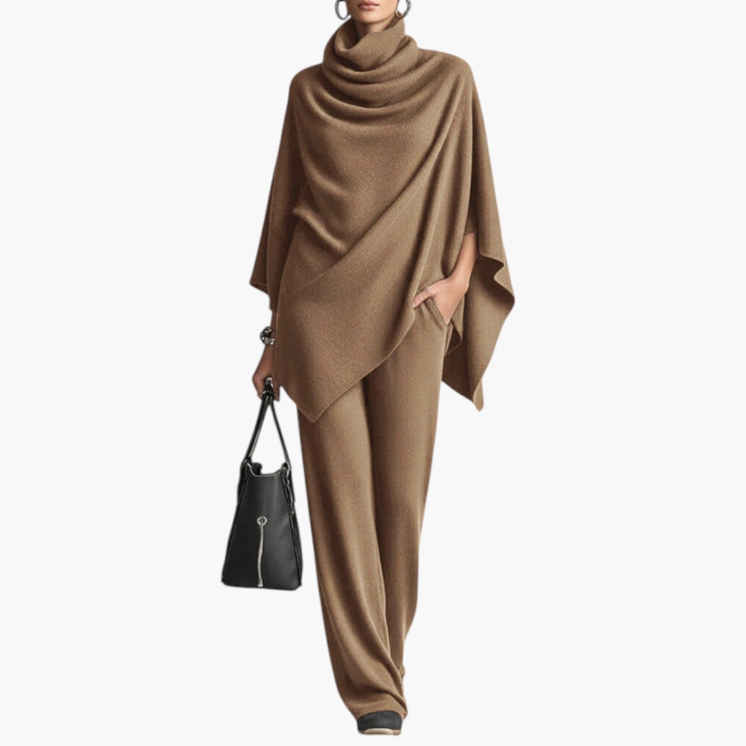 Women's Two-Piece Set with Draped Top and Elastic Waist Pants