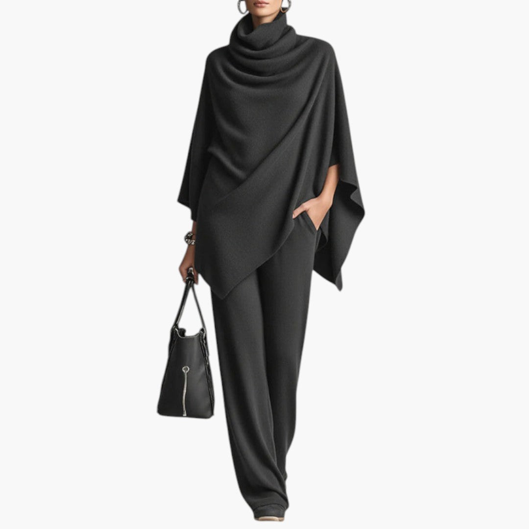 Women's Two-Piece Set with Draped Top and Elastic Waist Pants
