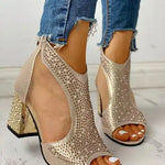 Women's Heeled Sandals with Crystal Detail and Cutouts