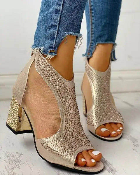 Women's Heeled Sandals with Crystal Detail and Cutouts