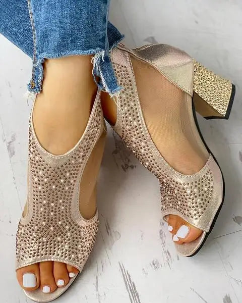 Women's Heeled Sandals with Crystal Detail and Cutouts