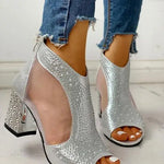 Women's Heeled Sandals with Crystal Detail and Cutouts