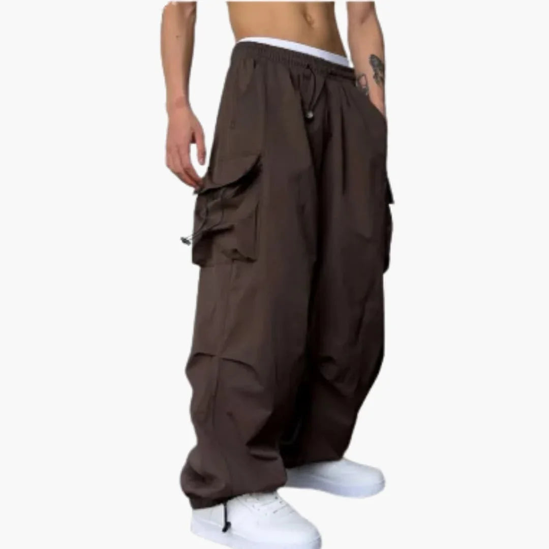 Men's Cargo Pants with Wide Legs, Multiple Pockets, and Button Closure
