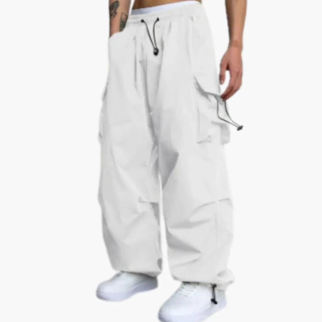 Bavane | Men's Cargo Pants with Wide Legs, Multiple Pockets, and Button Closure