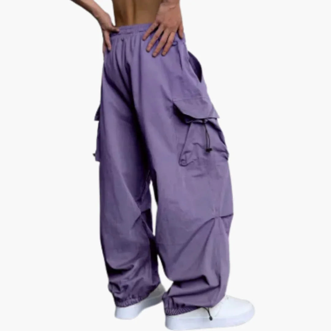 Men's Cargo Pants with Wide Legs, Multiple Pockets, and Button Closure