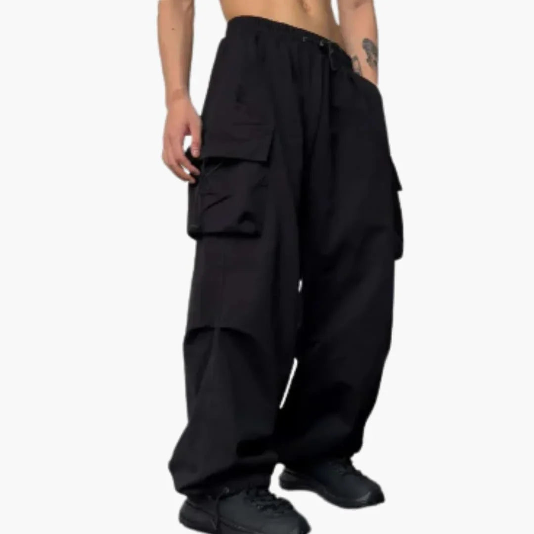 Men's Cargo Pants with Wide Legs, Multiple Pockets, and Button Closure