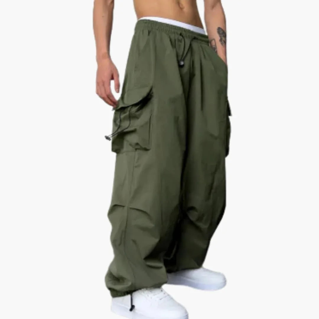 Men's Cargo Pants with Wide Legs, Multiple Pockets, and Button Closure