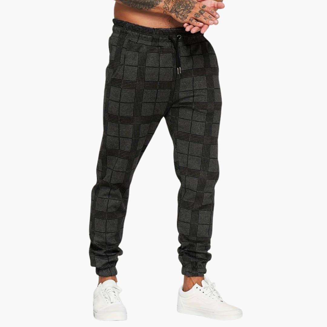 Men's Jogging Pants with Elastic Waistband and Checkered Surface