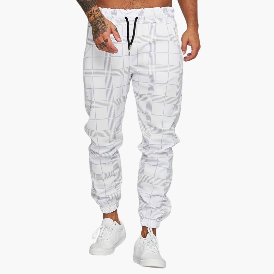 Men's Jogging Pants with Elastic Waistband and Checkered Surface