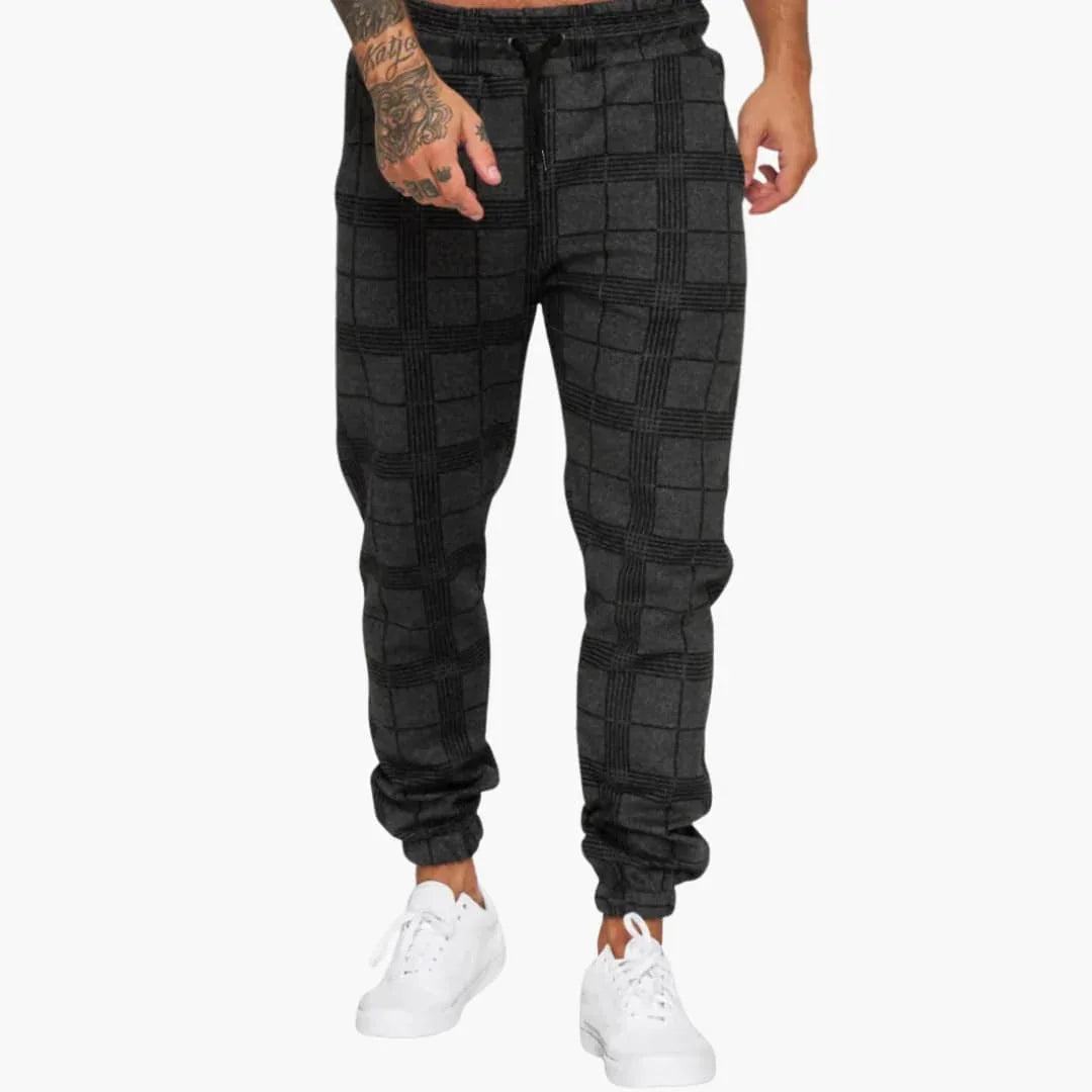 Men's Jogging Pants with Check Pattern, Elastic Waistband, and Side Pockets
