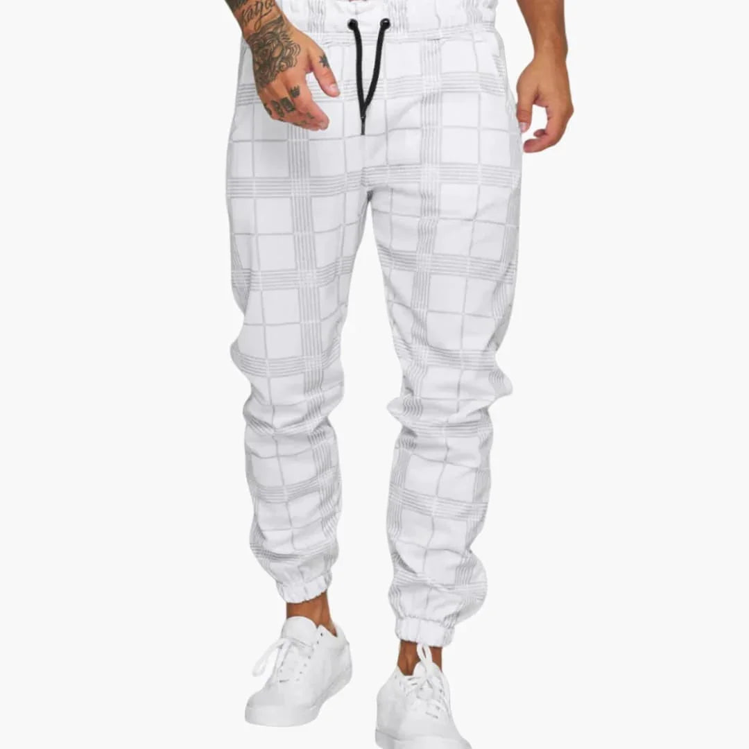 Men's Jogging Pants with Check Pattern, Elastic Waistband, and Side Pockets