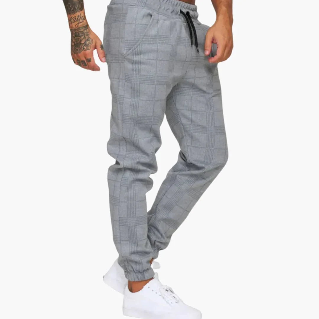 Men's Jogging Pants with Check Pattern, Elastic Waistband, and Side Pockets