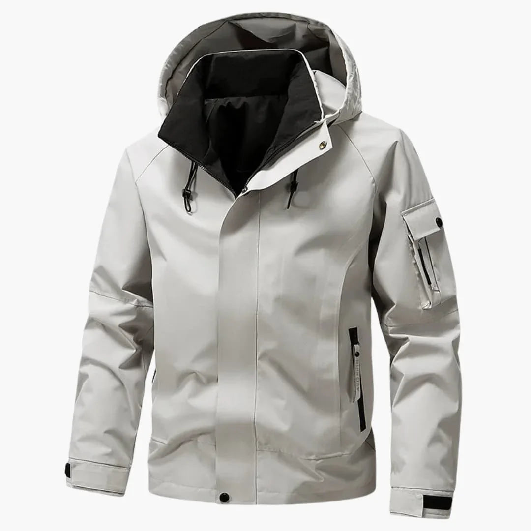 Men's Jacket with Hood, Zipper, and Multiple Pockets