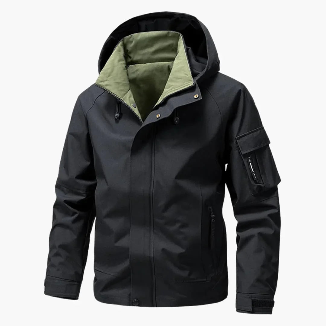 Men's Jacket with Hood, Zipper, and Multiple Pockets