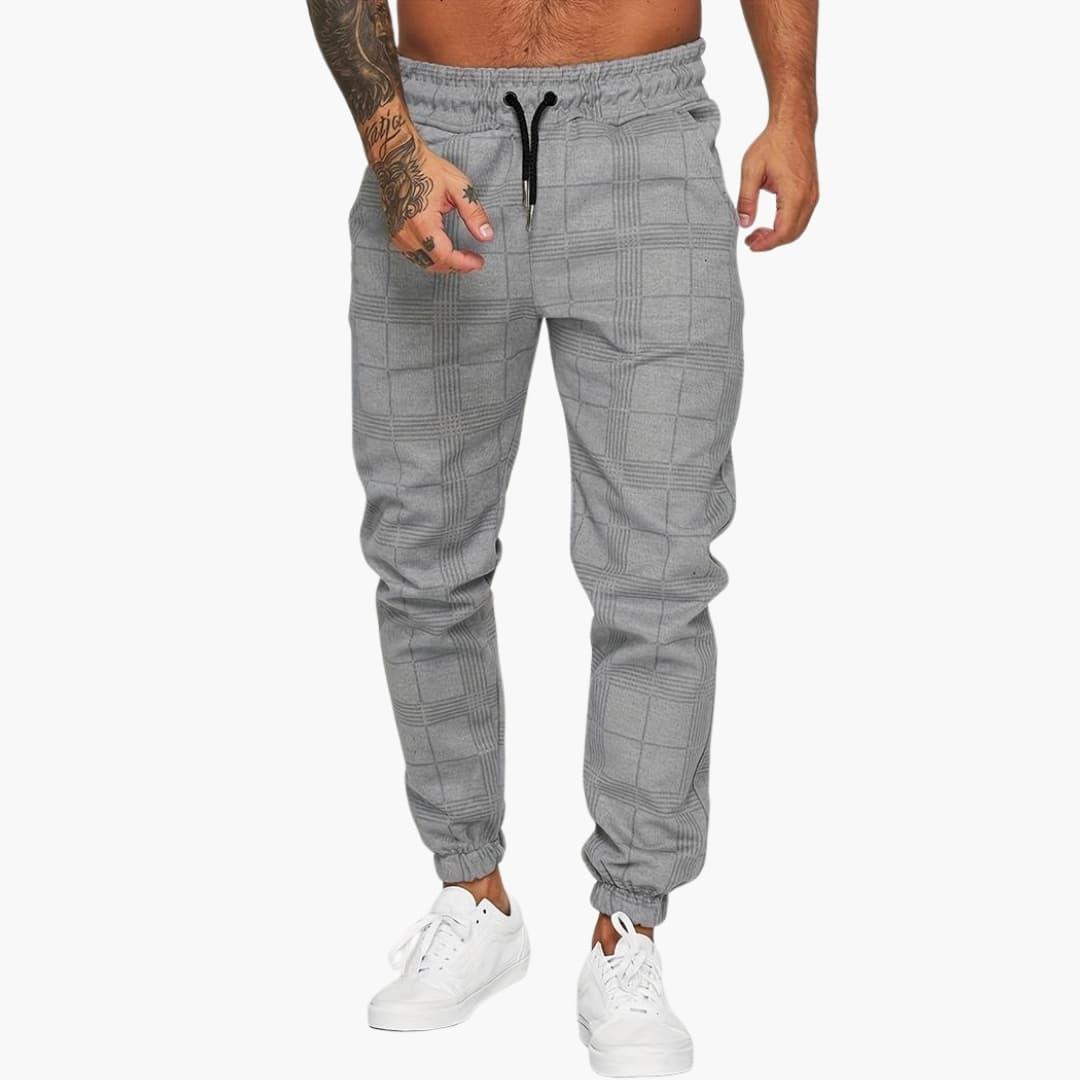 Men's Checkered Pants with Elastic Waistband and Straight Leg