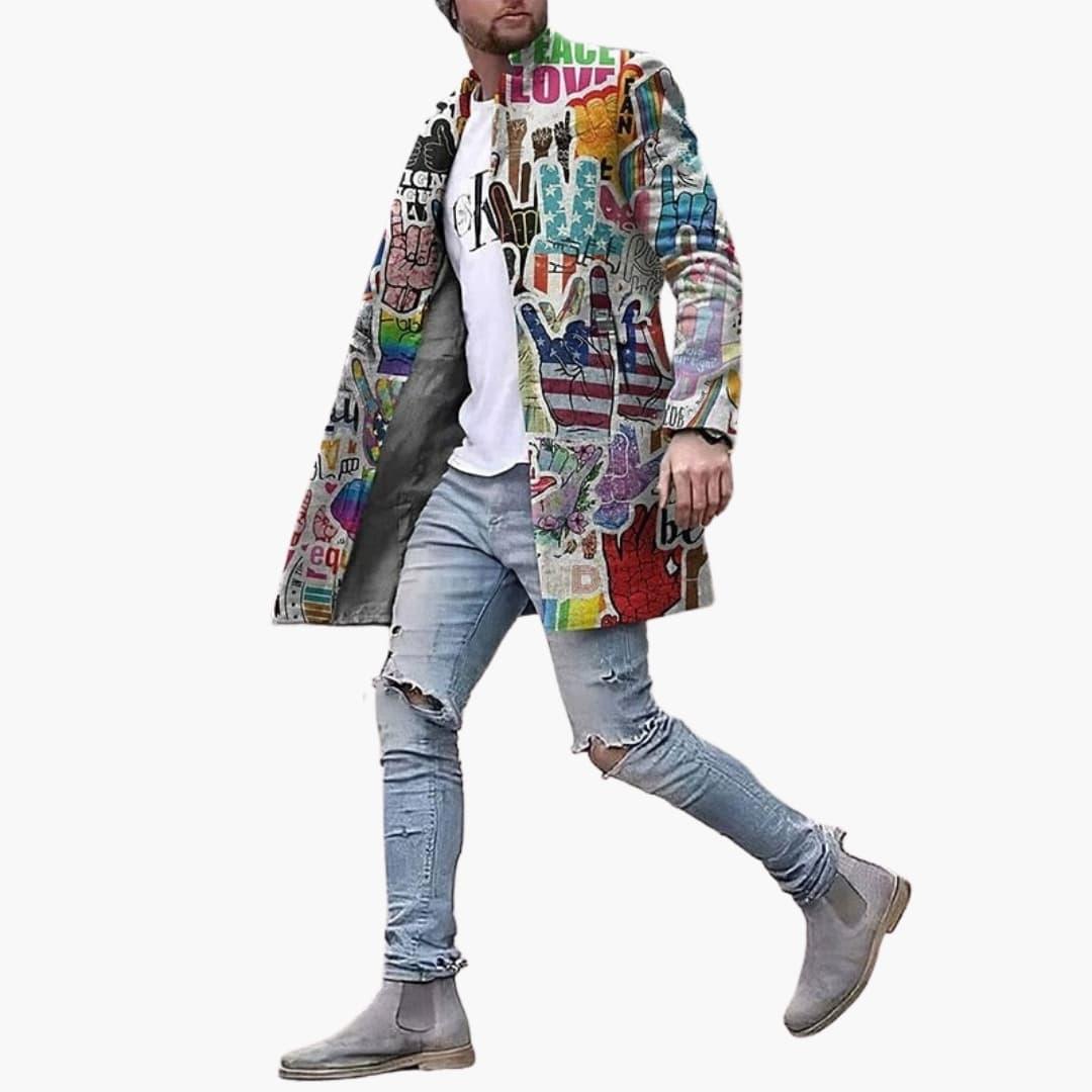 Men's Long Coat with Graphic Pattern