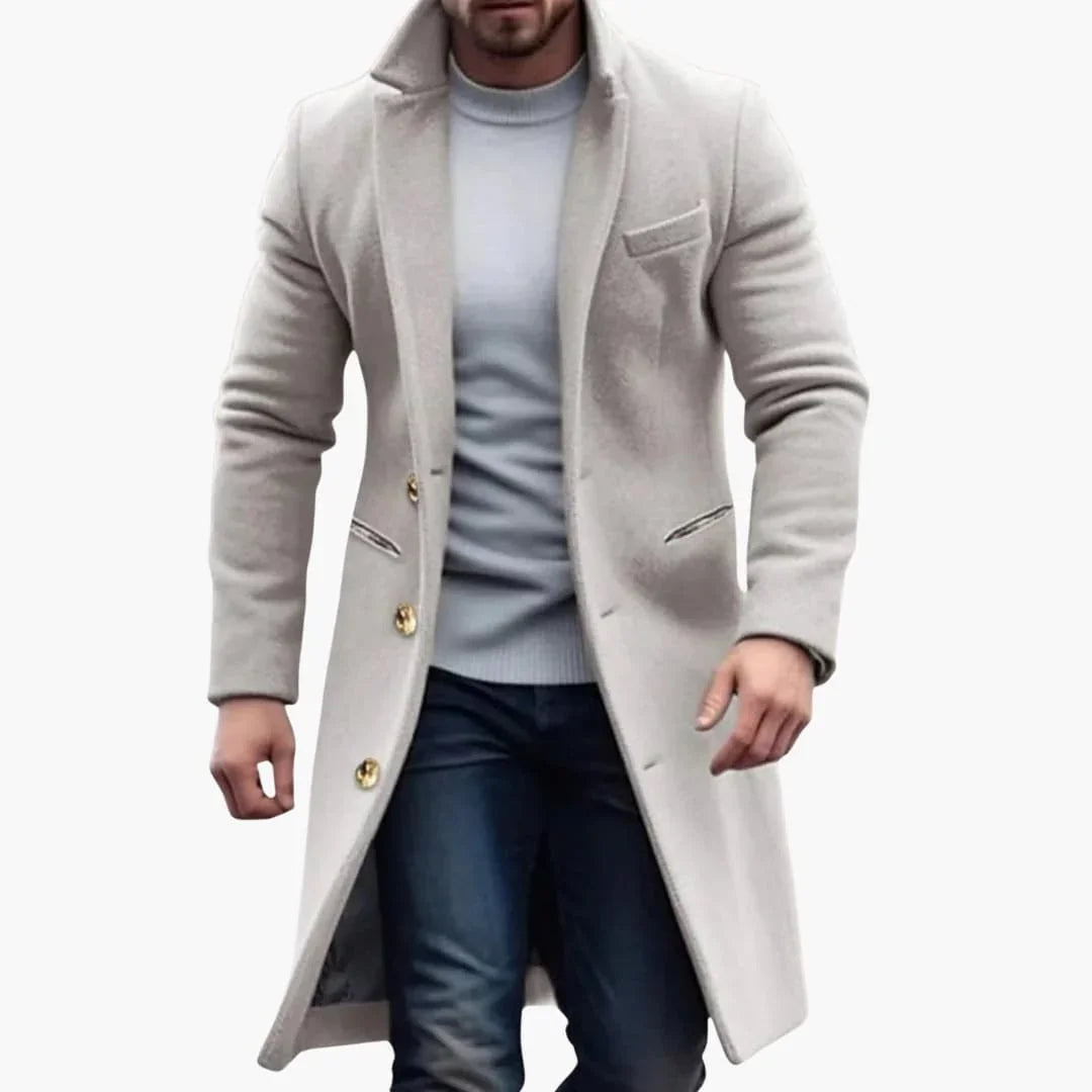 Men's Long Coat with Button Placket and Pockets