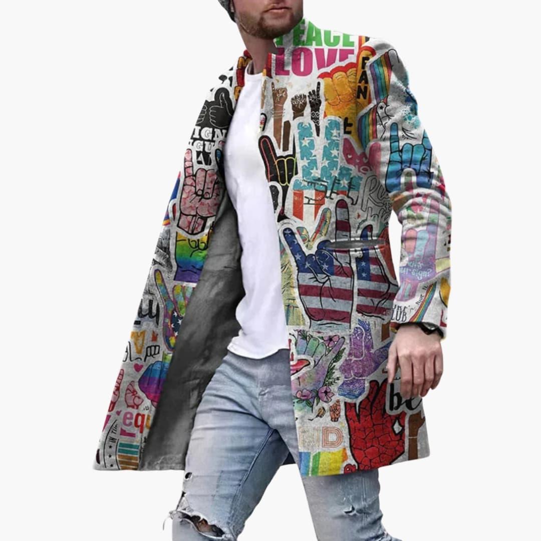 Bavane | Men's Long Coat with Multicolored Print