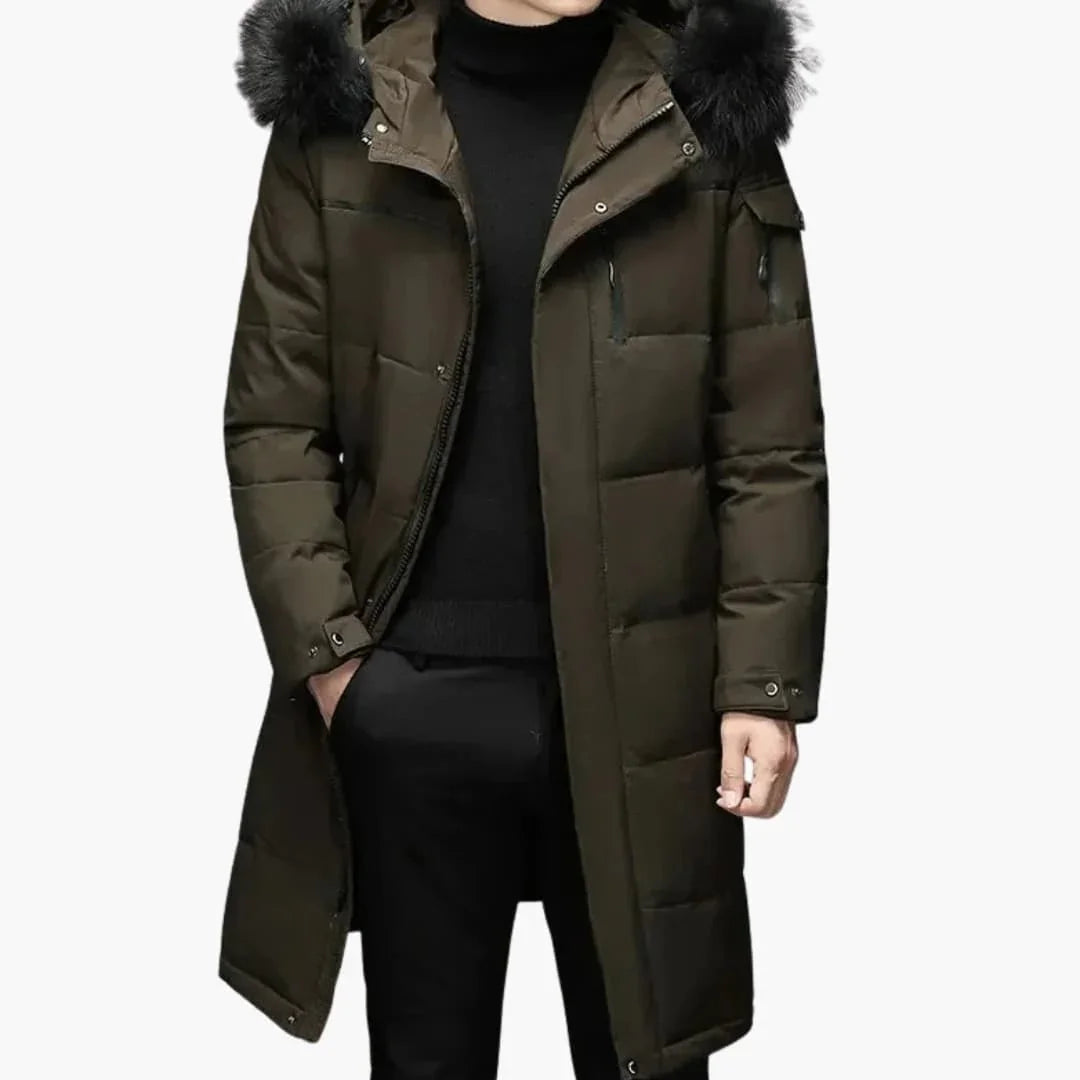 Men's Parka Jacket with Zipper and Faux Fur Hood