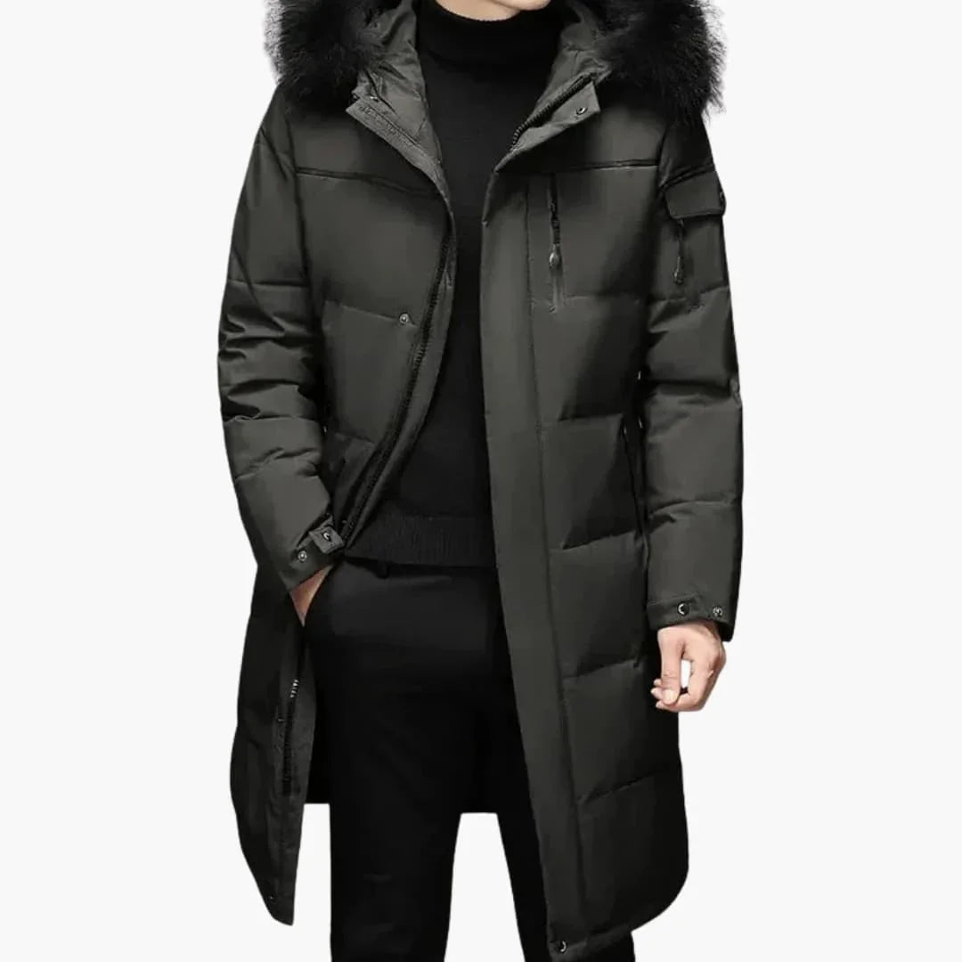 Men's Parka Jacket with Zipper and Faux Fur Hood
