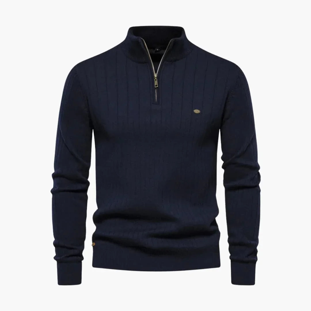 Bavane | Men's Ribbed Knit Sweater with Half Zip and Stand-Up Collar