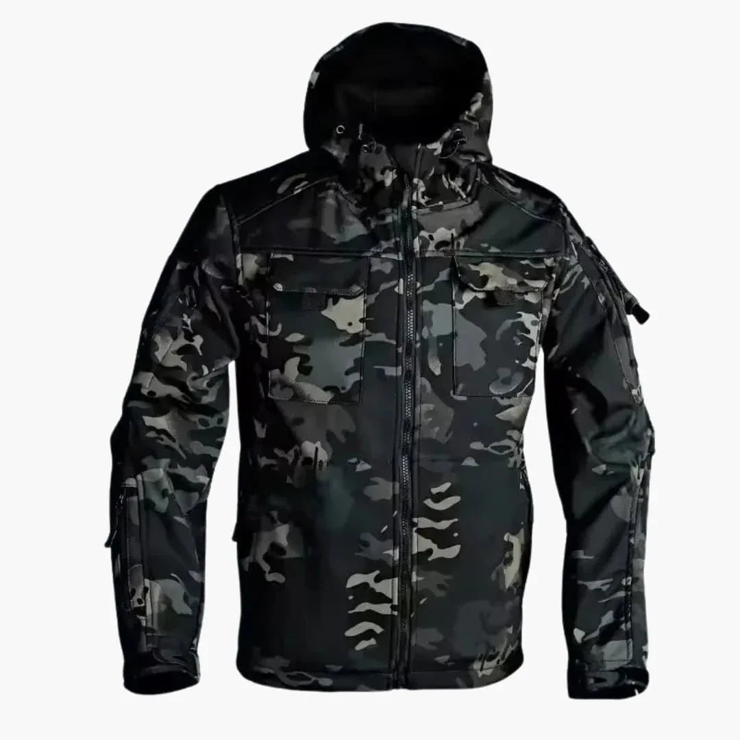 Men's Softshell Jacket with Hood and Multiple Zipper Pockets