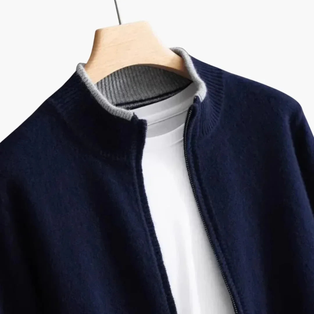 Men's Zip-Up Cardigan with Ribbed Collar
