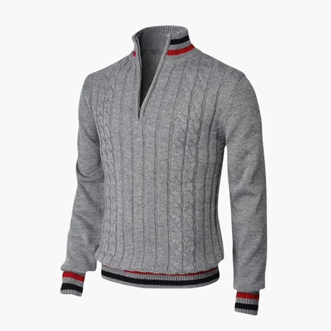 Men's Knitted Sweater with Half Zip and Ribbed Cuffs