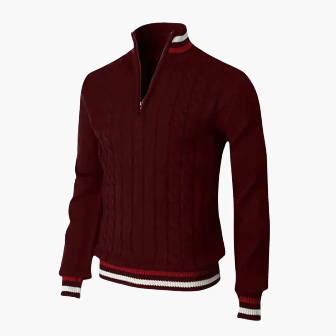 Men's Knitted Sweater with Half Zip and Ribbed Cuffs