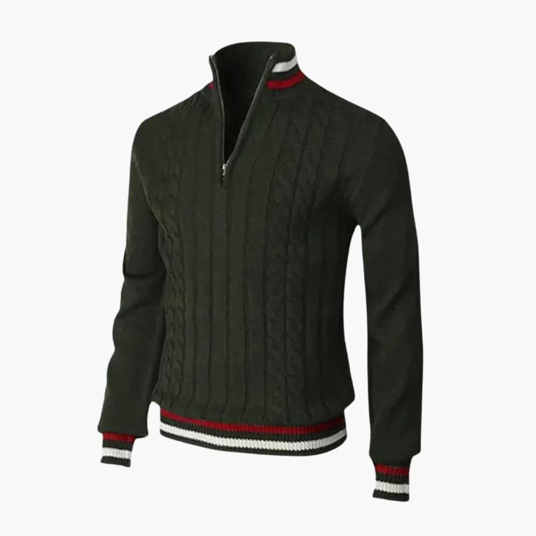 Men's Knitted Sweater with Half Zip and Ribbed Cuffs