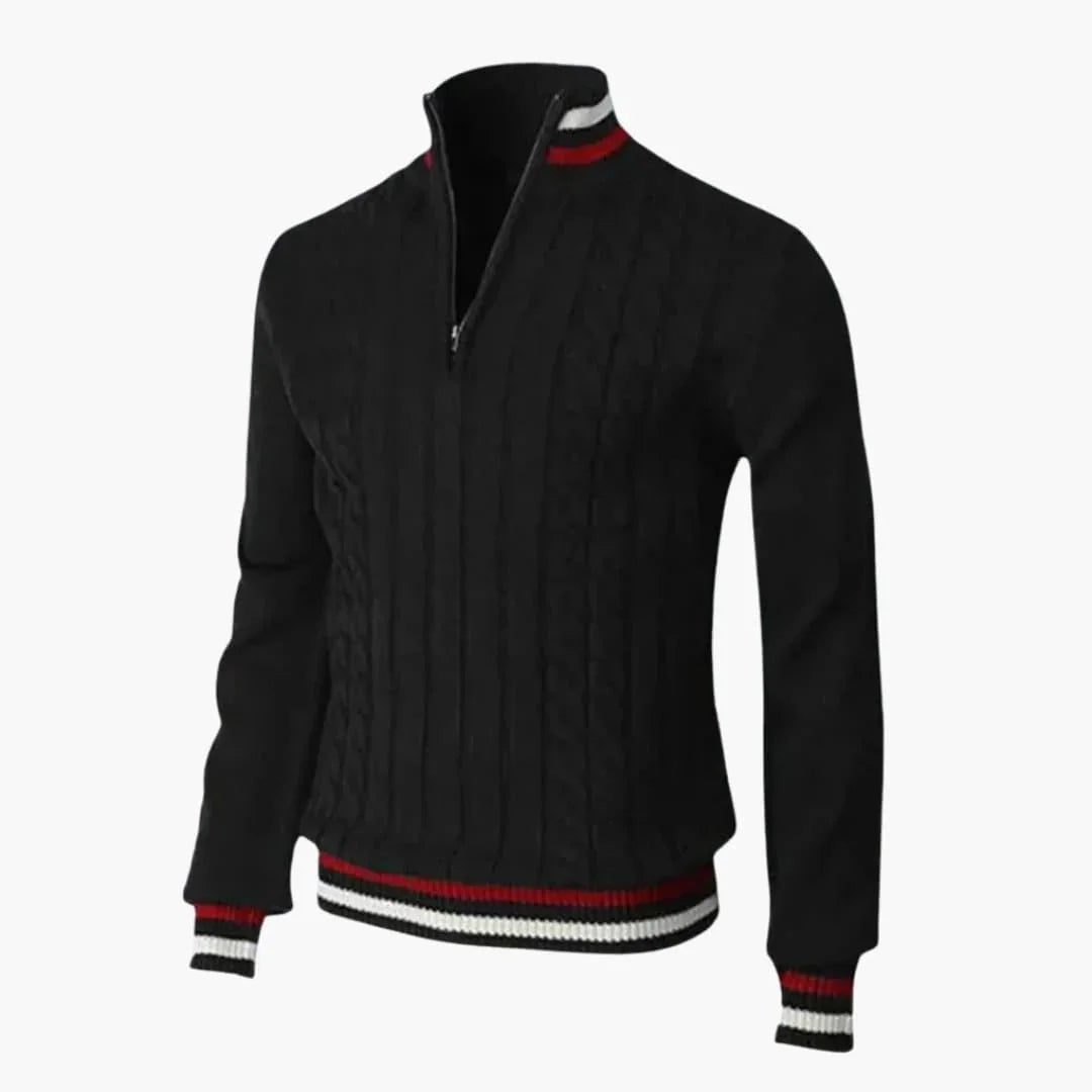 Men's Knitted Sweater with Half Zip and Ribbed Cuffs