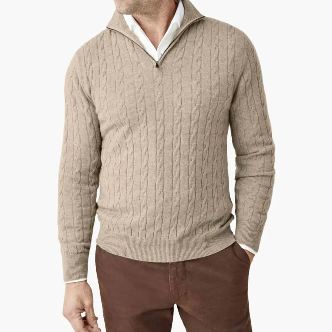 Men's Knit Sweater with Half Zip and Cable Pattern