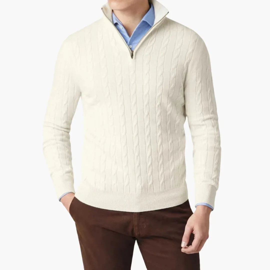 Men's Knit Sweater with Half Zip and Cable Pattern