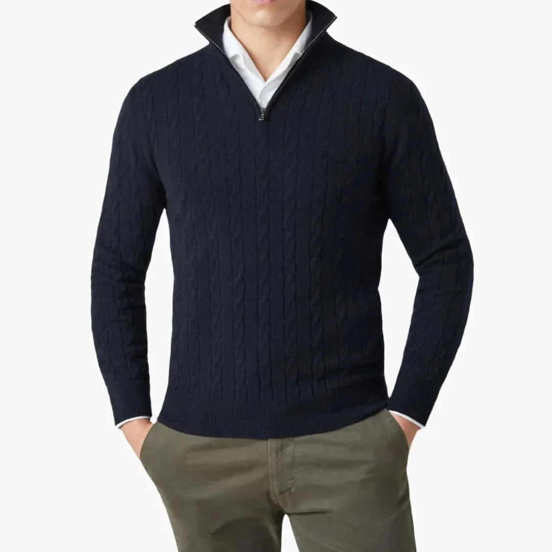 Men's Knit Sweater with Half Zip and Cable Pattern