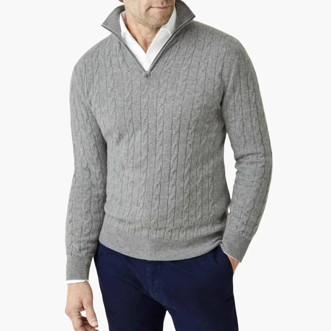 Men's Knit Sweater with Half Zip and Cable Pattern