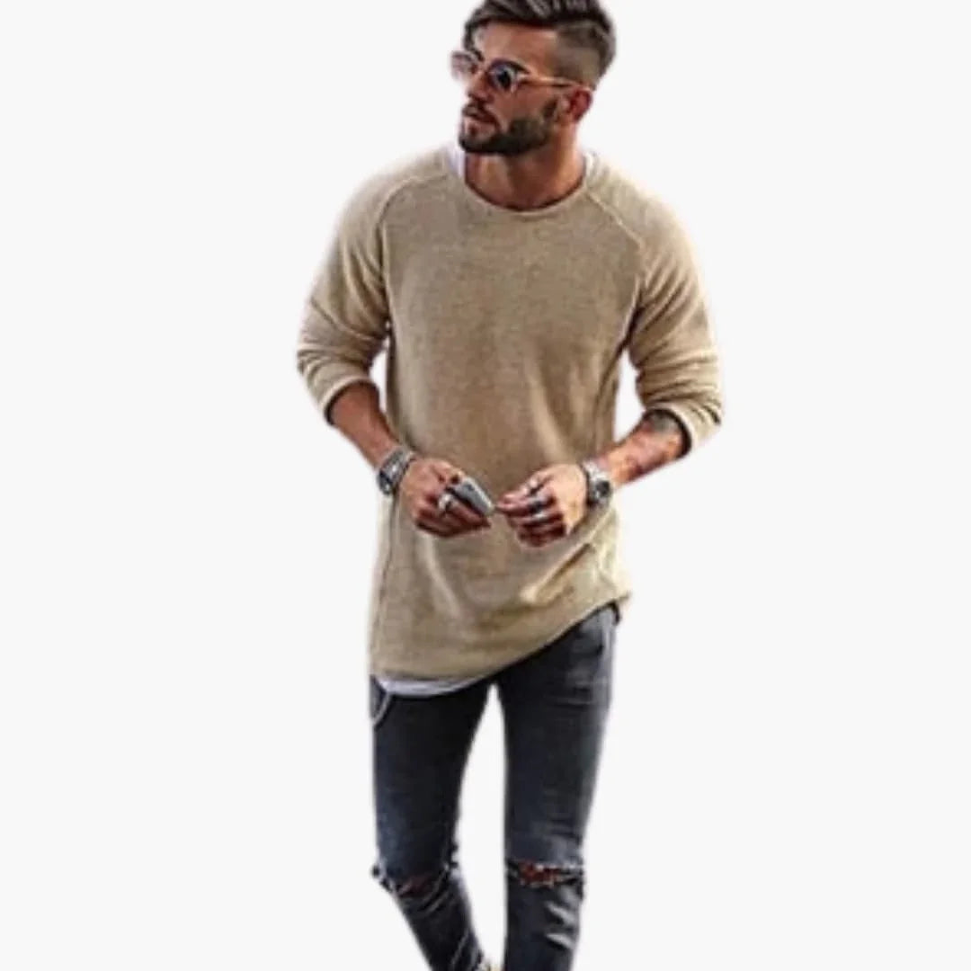 Men's Knitted Sweater with Round Neck and Ribbed Cuffs
