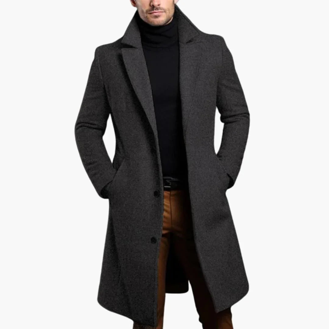 Men's Long Trench Coat with Button Placket - Notched Collar and Side Pockets