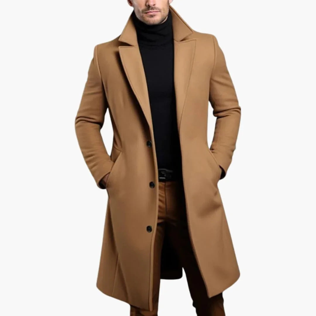 Men's Long Trench Coat with Button Placket - Notched Collar and Side Pockets