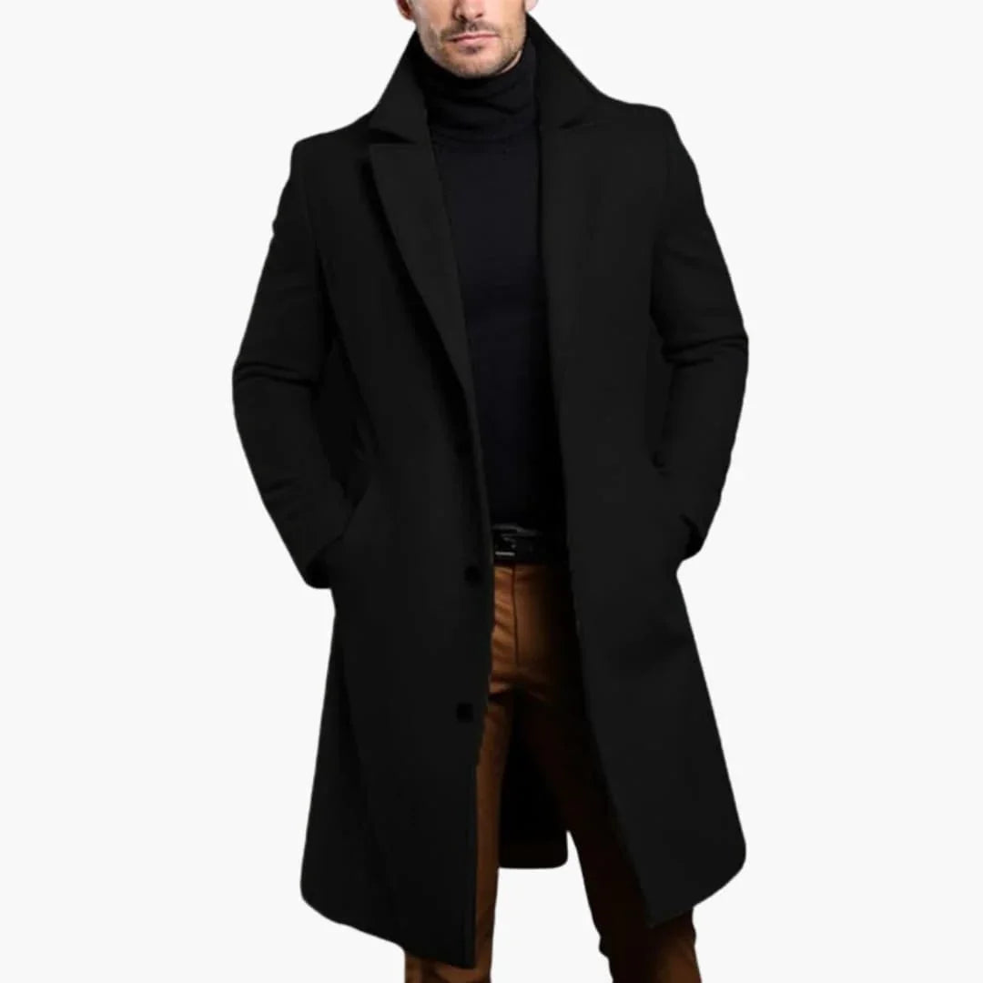 Men's Long Trench Coat with Button Placket - Notched Collar and Side Pockets