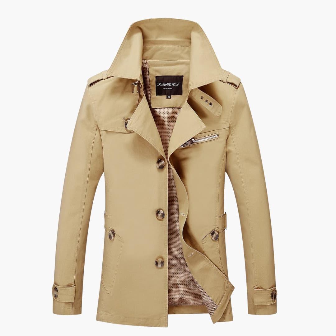 Men's Trench Coat with Button Closure and Pocket Details
