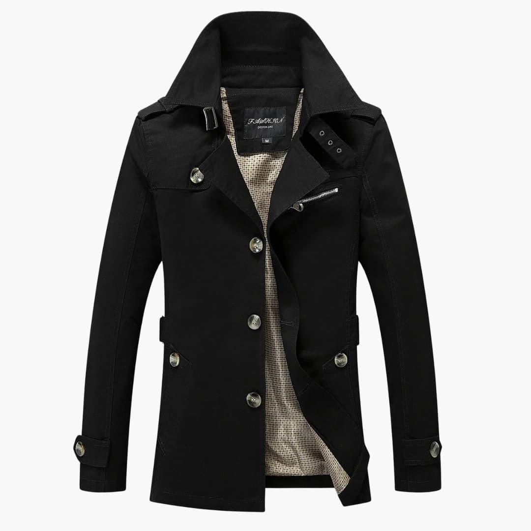 Men's Trench Coat with Button Closure and Pocket Details
