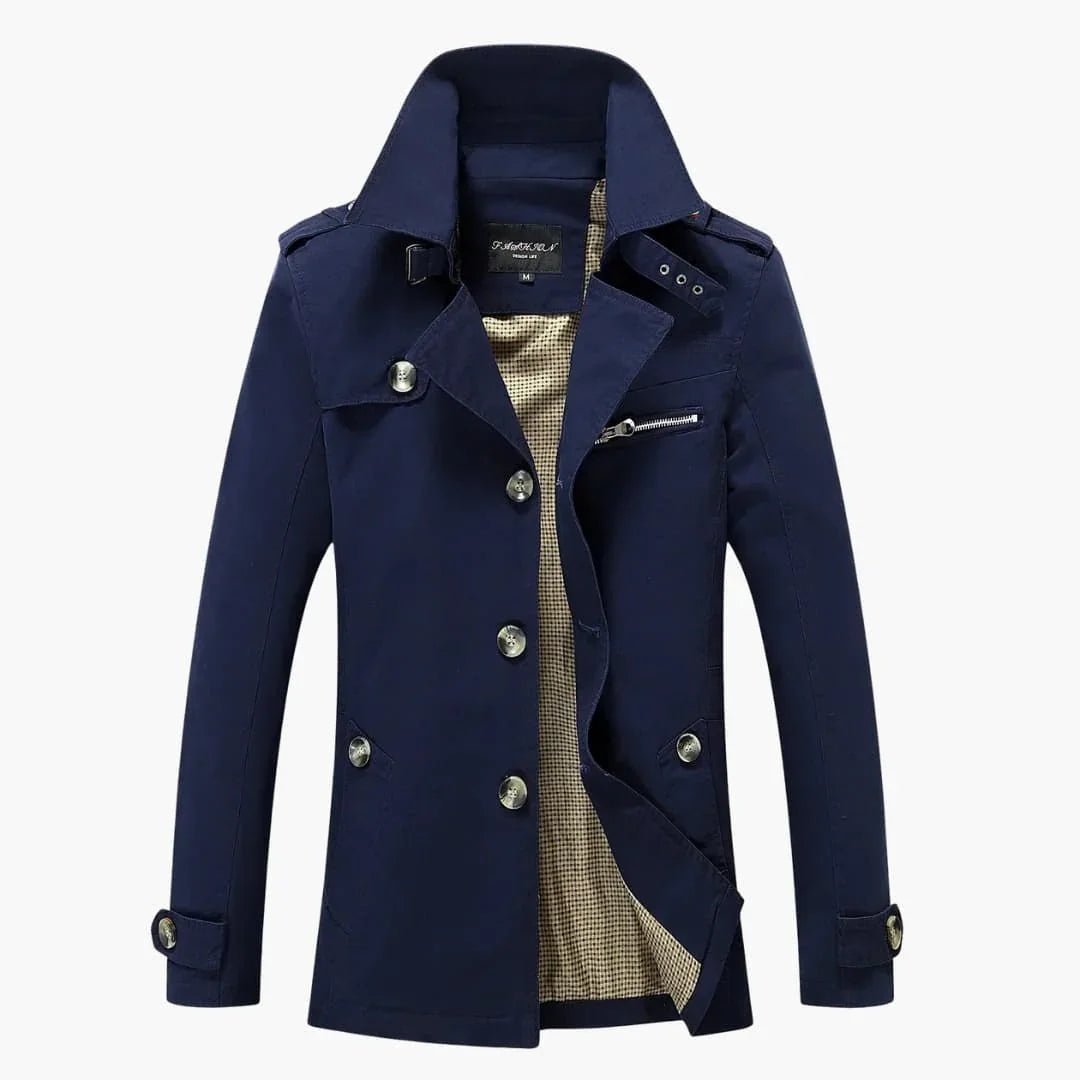Men's Trench Coat with Button Closure and Pocket Details