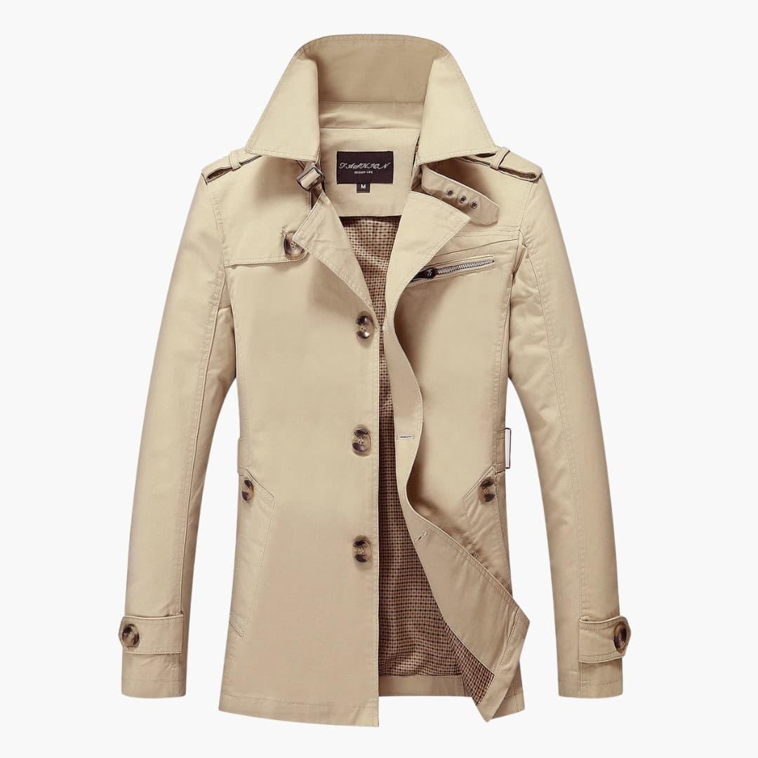 Men's Trench Coat with Button Closure and Pocket Details