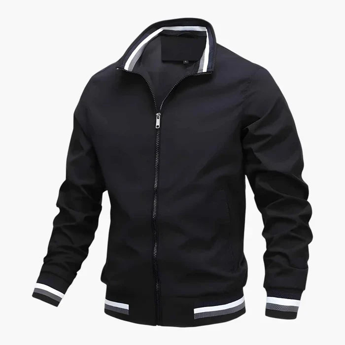 Men's Bomber Jacket with Zipper and Striped Hem