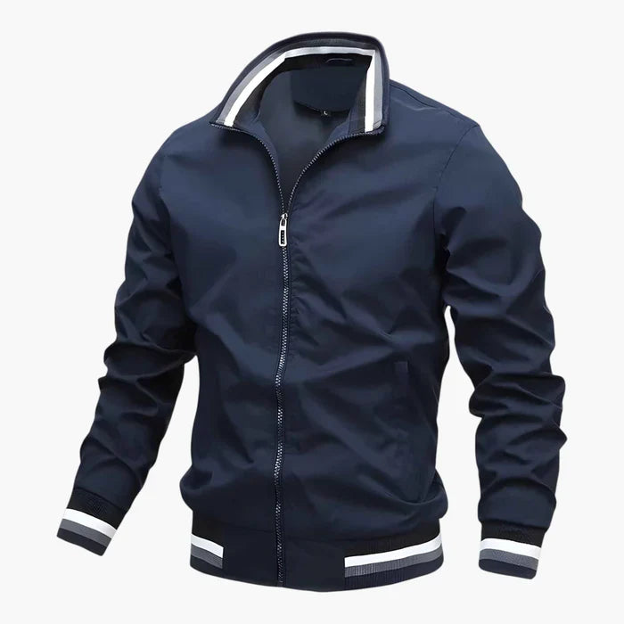 Men's Bomber Jacket with Zipper and Striped Hem