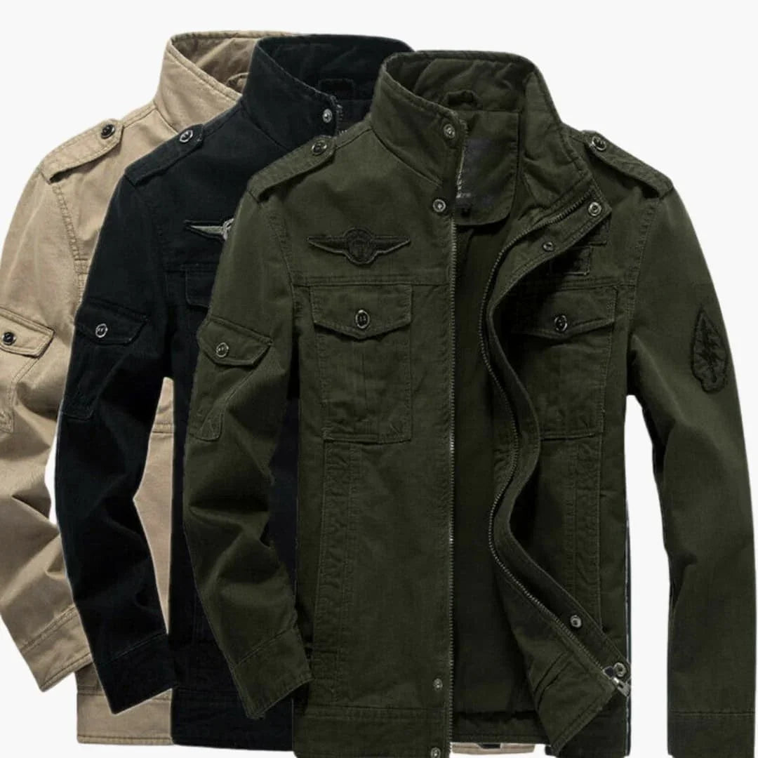 Men's Military Style Jacket with Stand-Up Collar and Flap Pockets